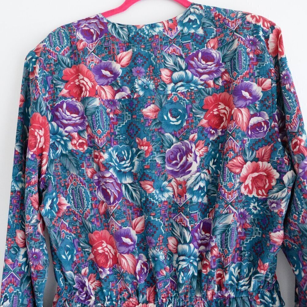Vintage Schrader Teal Purple Floral Button Front Pleated Maxi Retro 80s Dress 18 - Picture 13 of 14